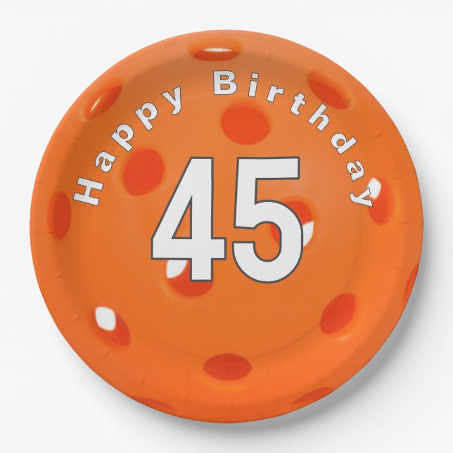 45th Birthday Orange Pickleball Paper Plate (Front)