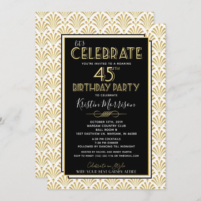45th Birthday Party Art Deco Gatsby Roaring 1920s Invitation (Front/Back)