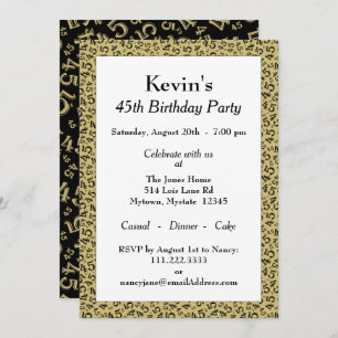 45th Birthday Party, Black/Gold Number Pattern Invitation
