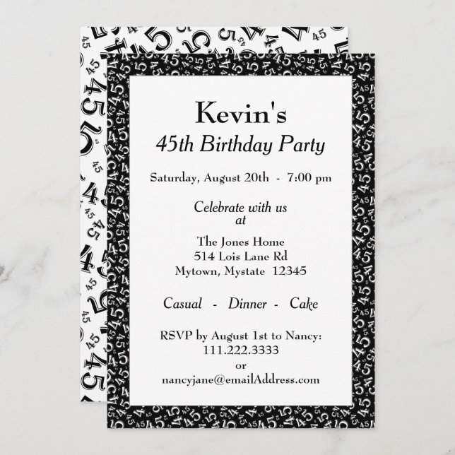 45th Birthday Party, Black/White Number Pattern Invitation (Front/Back)