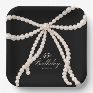 45th Birthday Party Black White Pearl Bow Elegant Paper Plate