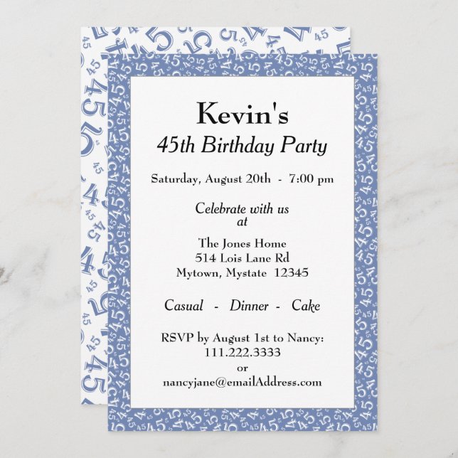 45th Birthday Party, Blue White Number Pattern Invitation (Front/Back)