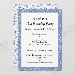 45th Birthday Party, Blue White Number Pattern Invitation