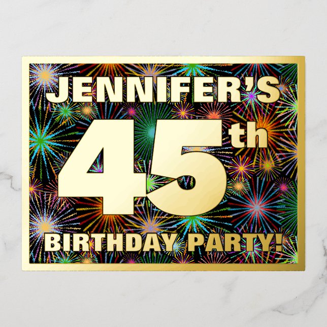 45th Birthday Party: Bold, Colourful Fireworks Loo Foil Invitation Postcard (Front)