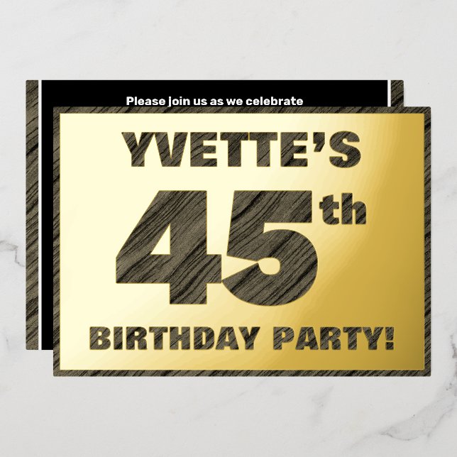 45th Birthday Party — Bold, Faux Wood Grain Text (Front/Back)