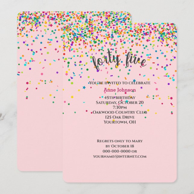 45th Birthday Party confetti Invitation (Front/Back)