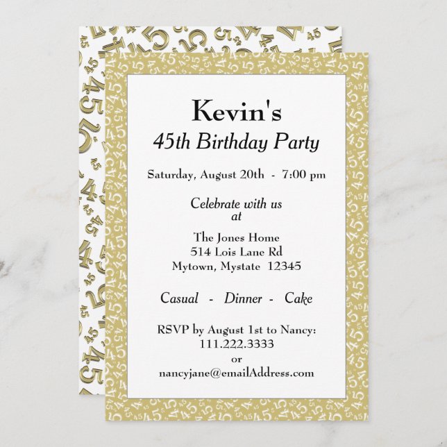 45th Birthday Party, Gold/White Number Pattern Invitation (Front/Back)