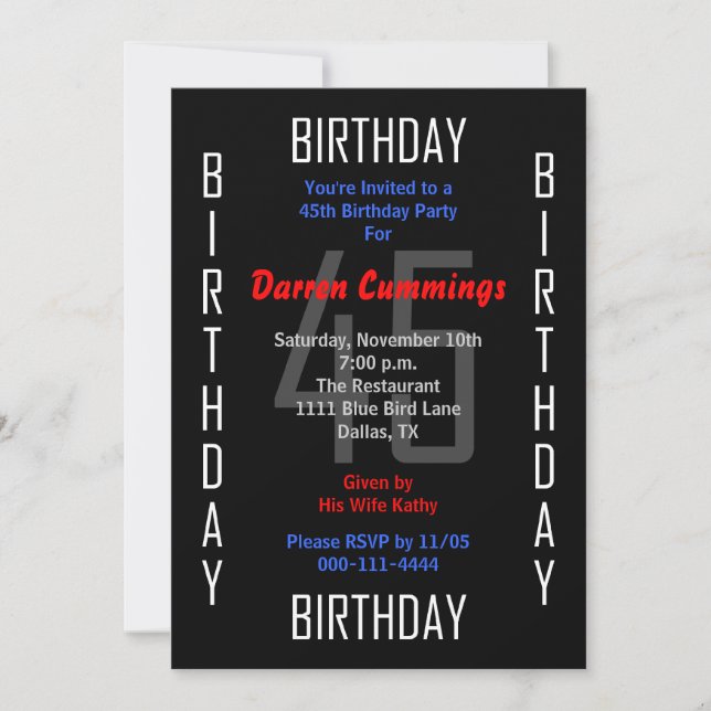 45th Birthday Party Invitation 45 (Front)