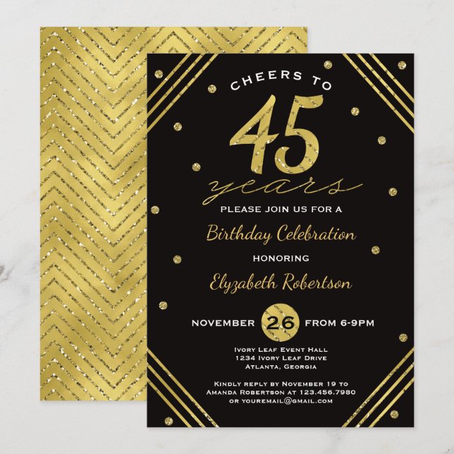 45th Birthday Party Invitation, Cheers, Faux Gold Invitation (Front/Back)