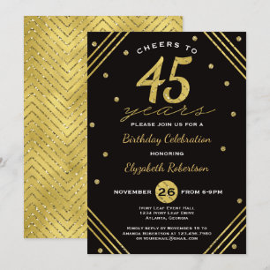 45th Birthday Party Invitation, Cheers, Faux Gold Invitation