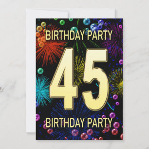 45th Birthday Party Invitation Fireworks Bubbles