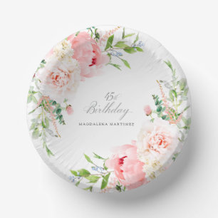 45th Birthday Party Pink Peony Floral Custom Paper Plate