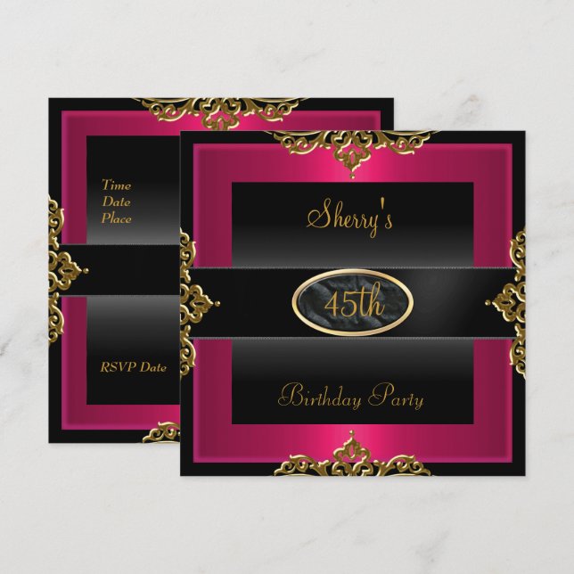 45th Birthday Party Pink Red Black Gold 2 Invitation (Front/Back)