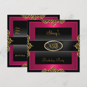 45th Birthday Party Pink Red Black Gold 2 Invitation