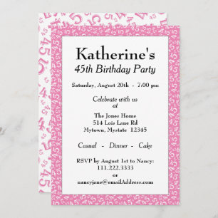 45th Birthday Party, Pink/White Number Pattern Invitation