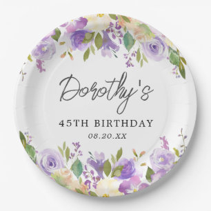 45th Birthday Party Purple Rose Floral Custom Paper Plate