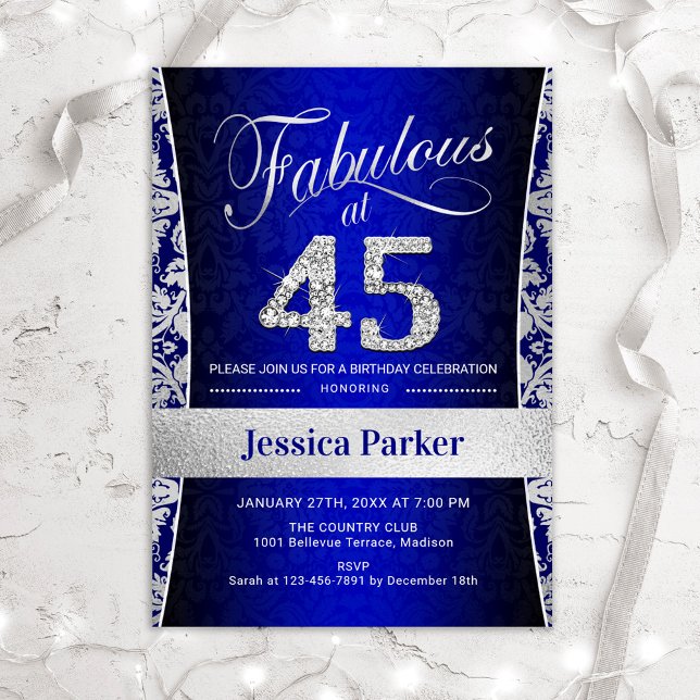 45th Birthday Party - Silver Royal Blue Invitation (Creator Uploaded)