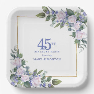 45th Birthday Party White Rose Blue Floral Custom Paper Plate