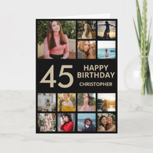 45th Birthday Photo Collage 13 Photos Black & Gold Card
