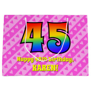 45th Birthday: Pink Stripes & Hearts, Rainbow # 45 Large Gift Bag