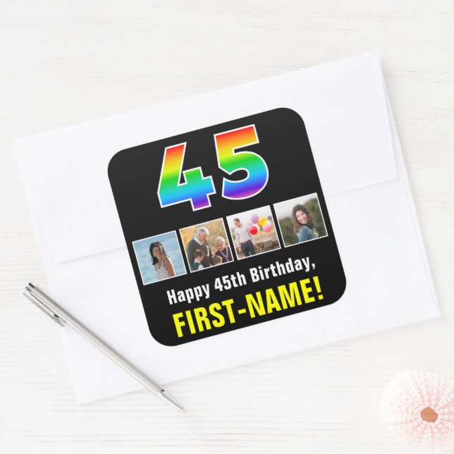 45th Birthday: Rainbow “45”; Custom Photos & Name Square Sticker (Envelope)