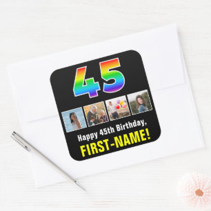 45th Birthday: Rainbow “45”; Custom Photos & Name Square Sticker
