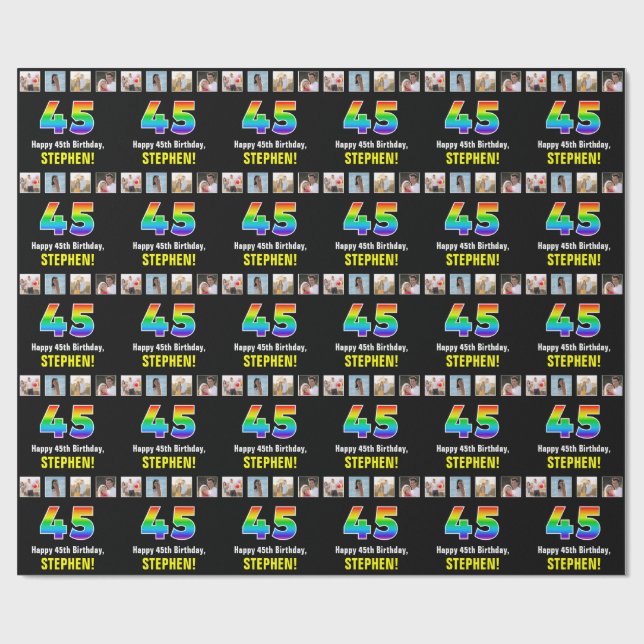 45th Birthday: Rainbow “45“; Custom Photos & Name Wrapping Paper (Flat)