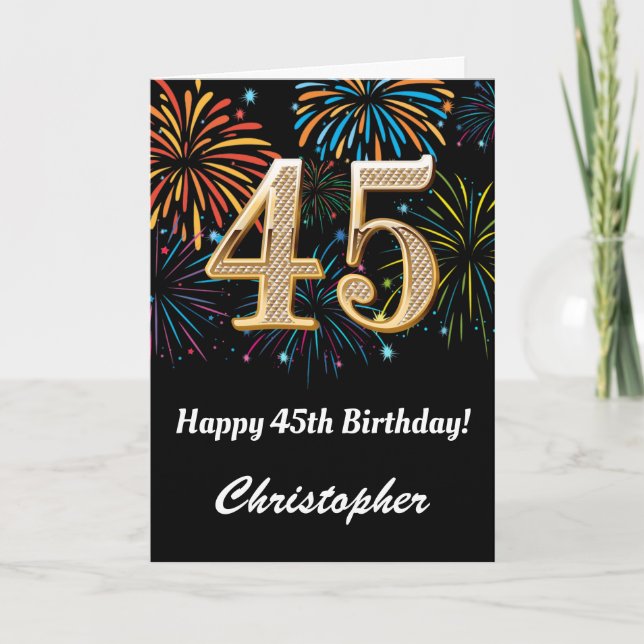 45th Birthday Rainbow Fireworks Black and Gold Card (Front)