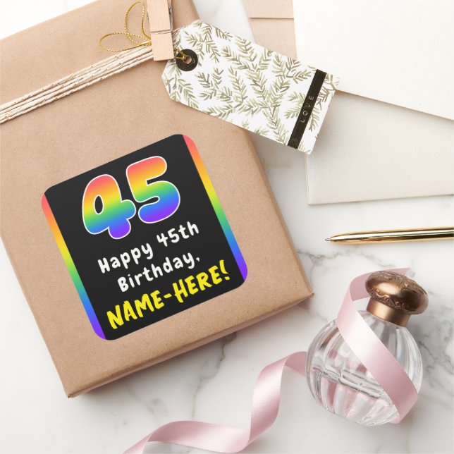 45th Birthday: Rainbow Spectrum # 45, Custom Name Square Sticker (Gifting)