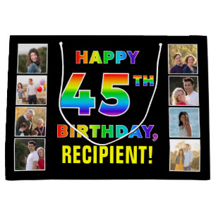 45th Birthday: Rainbow Text, Custom Photos & Name Large Gift Bag
