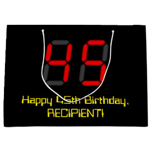 45th Birthday: Red Digital Clock Style "45" + Name Large Gift Bag