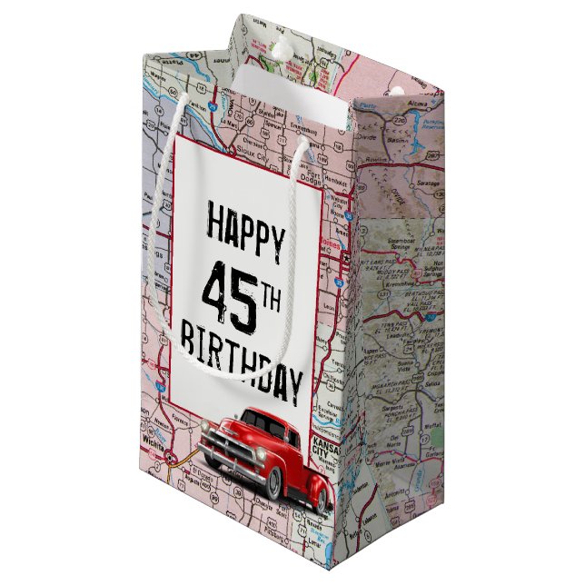 45th Birthday Red Retro Truck on Map Small Gift Bag (Front Angled)