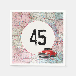 45th Birthday Red Retro Truck on Road Map   Napkin