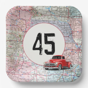 45th Birthday Red Retro Truck on Road Map  Paper Plate