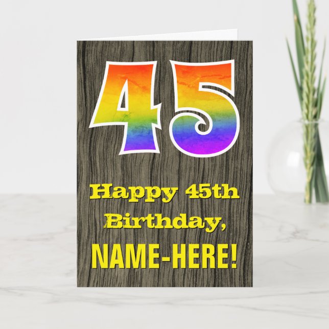 45th Birthday: Rustic Faux Wood Look, Rainbow "45" Card (Front)