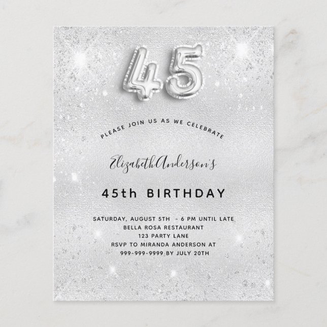 45th birthday silver glitter budget invitation flyer (Front)