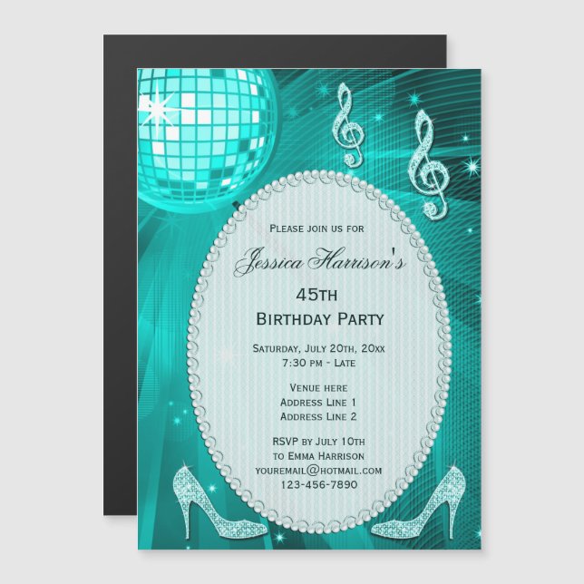 45th Birthday Sparkle Heels and Teal Disco Ball Magnetic Invitation (Front/Back)