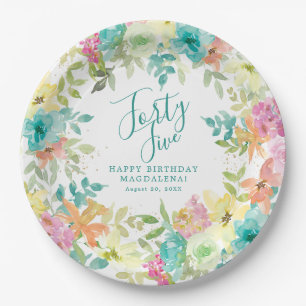 45th Birthday Summer Watercolor Floral Custom Paper Plate