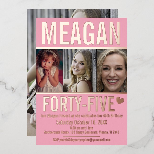 45th birthday three photos soft pink and rose gold (Front/Back)