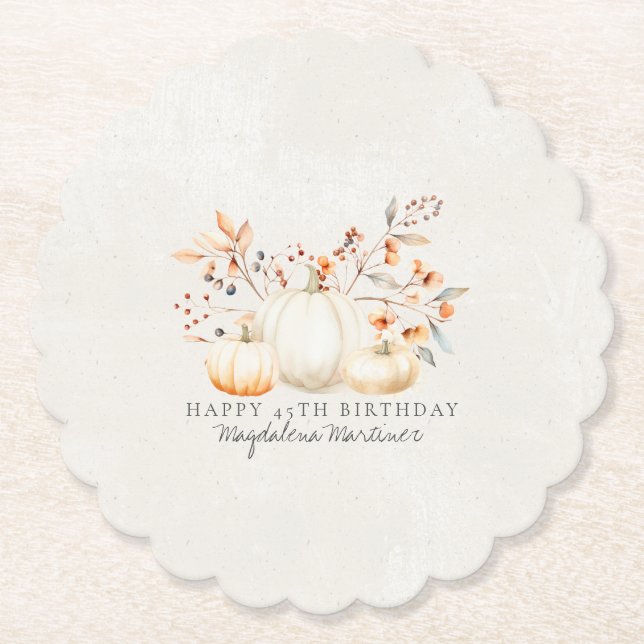 45th Birthday White Pumpkin Fall Leaves Custom Paper Coaster (Front)