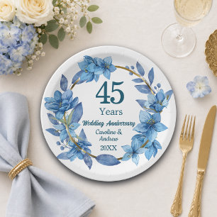45th Blue Floral Sapphire Wedding Anniversary Paper Plate