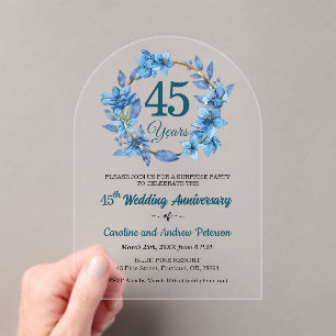 45th Blue Floral Surprise Wedding Anniversary Acrylic Invitations
