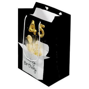 45th Gold Birthday Balloons in White Box  Medium Gift Bag