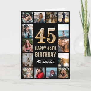 45th Happy Birthday Black and Gold Photo Collage Card