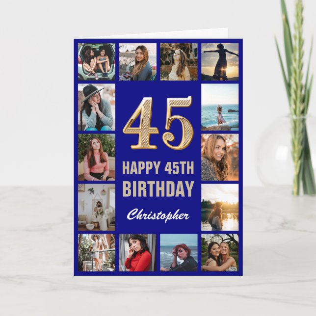 45th Happy Birthday Navy Blue & Gold Photo Collage Card (Front)