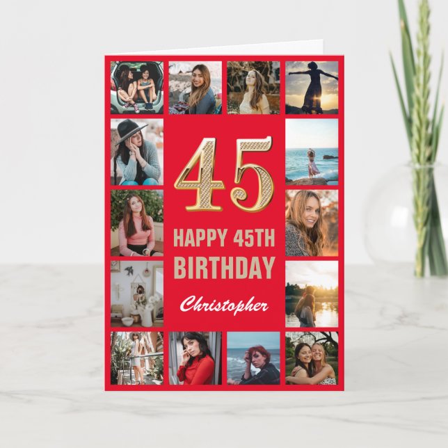 45th Happy Birthday Red and Gold Photo Collage Card (Front)
