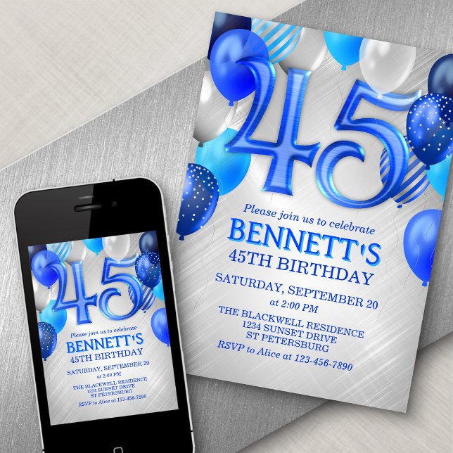 45th Mens Blue Birthday Invitation (Creator Uploaded)