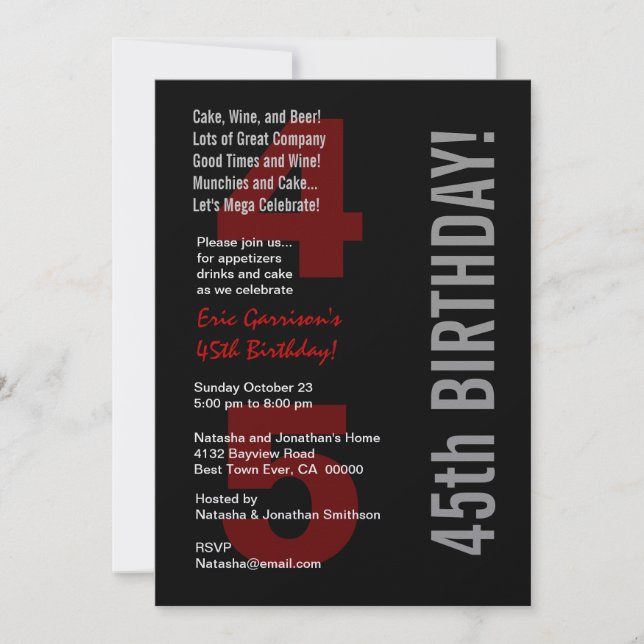 45th Modern Birthday Black White Red Metallic Invitation (Front)