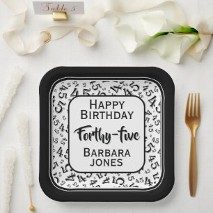 45th Party Random Number Pattern Black/White Paper Plate