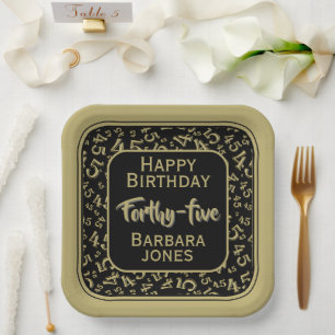 45th Party Random Number Pattern Gold/Black Paper Plate